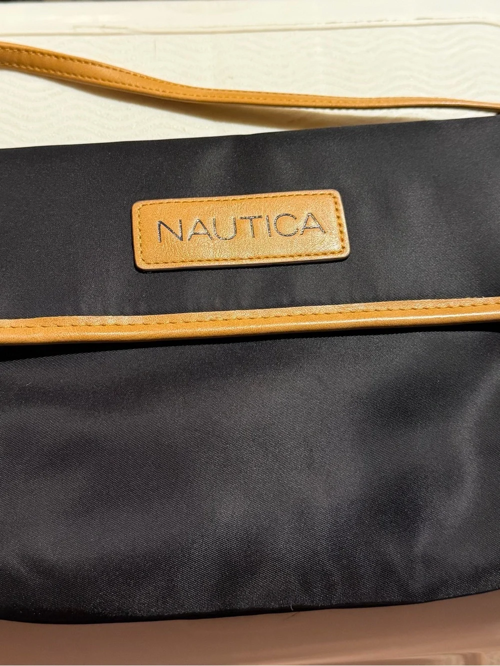 Nautica Teal and Navy Striped Cosmetic Pouch with Tan Trim